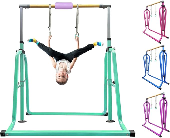 Foldable & Moveable Gymnastics Horizontal Bar with Rings,3’to 5’Adjustable Height Expandable Junior Kip Bar for Home,Indoor Gym Equipment for Kids