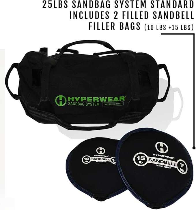 HYPERWEAR Adjustable Sandbag System, Heavy-Duty with Handles & Pre-Filled SandBell Filler Sandbags (25, 40, 80, 160 lbs)