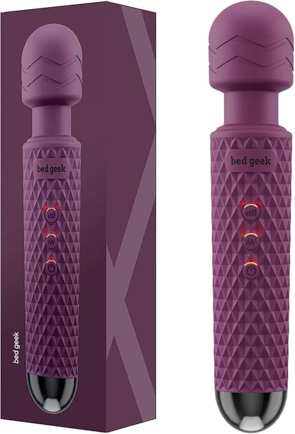 bed geek Cordless Personal Massage Wand – Waterproof & USB Rechargeable, Skin-Soft Silicone, 20 Vibration Patterns, 8 Speed Settings, Memory Function for Relaxation and Muscle Comfort