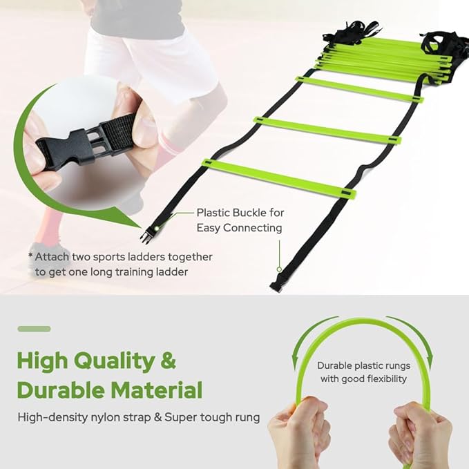 GHB Pro Agility Ladder 2 Pack Agility Training Ladder Speed 12 Rung 20ft with Carrying Bag (Green and Blue)