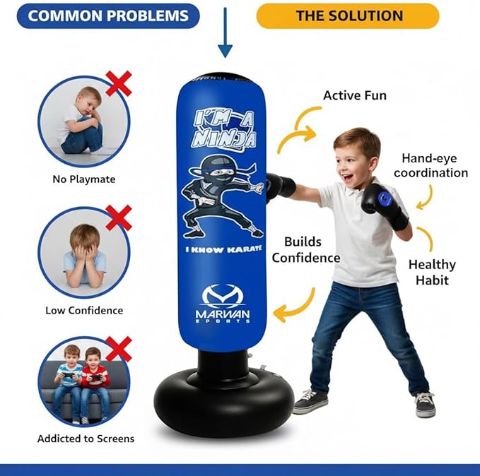 Marwan Sports Punching Bag for Kids with Boxing Gloves Ages 4-12 – 63" Inflatable Boxing Bag for Kids, Fast Rebound Set, Christmas & Birthday Gift for Boys & Girls