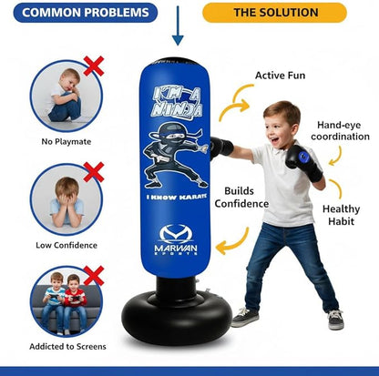 Marwan Sports Punching Bag for Kids with Boxing Gloves Ages 4-12 – 63" Inflatable Boxing Bag for Kids, Fast Rebound Set, Christmas & Birthday Gift for Boys & Girls