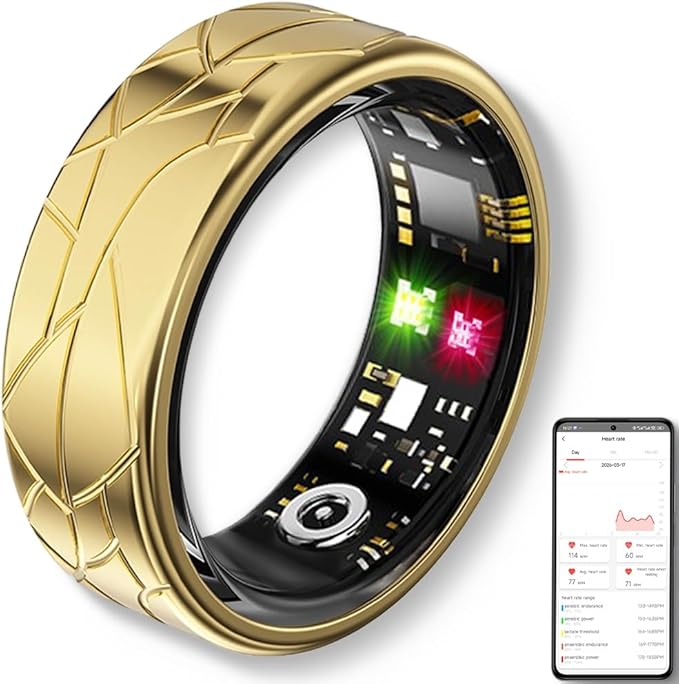 Smart Ring Fitness Tracker Sleep Tracking Heart Rate Monitor Pedometer, Waterproof Activity Tracker Fitness Ring Steps Counter, Gesture Controls for Short Video, 8 Days Last, Gold, #10