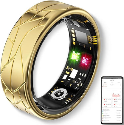 Smart Ring Fitness Tracker Sleep Tracking Heart Rate Monitor Pedometer, Waterproof Activity Tracker Fitness Ring Steps Counter, Gesture Controls for Short Video, 8 Days Last, Gold, #8