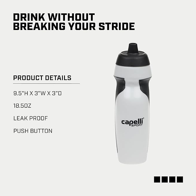 Capelli Sport Sports Water Bottle, Plastic Squeeze Water Bottle with Easy Open Nozzle and Grip Panels, White