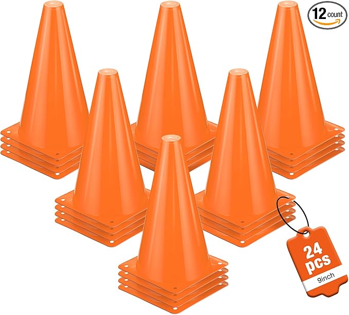 24pcs Cones 9 Inch Soccer Cones and Plastic Traffic Cones, Durable Cones for Sports Training, Ideal for Soccer, Basketball, Football, Skating, and Agility Drills Practice