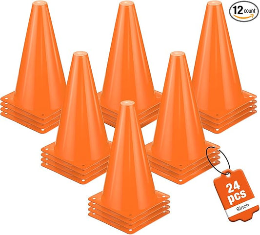 24pcs Cones 9 Inch Soccer Cones and Plastic Traffic Cones, Durable Cones for Sports Training, Ideal for Soccer, Basketball, Football, Skating, and Agility Drills Practice