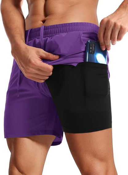 Aolesy Men's 2 in 1 Running Shorts 5" Workout Gym Athletic Shorts for Men Quick Dry Lightweight Training Shorts with Pockets