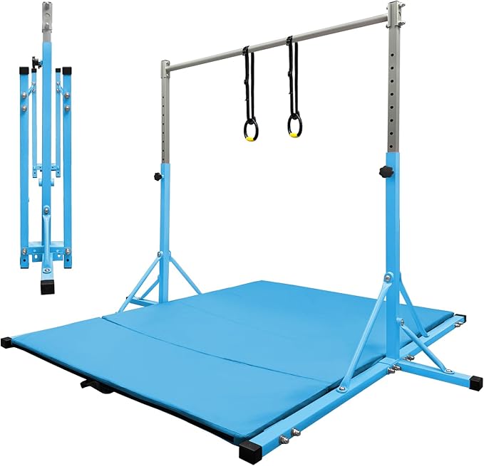 Gymnastics Bar for Kids Girls Ages 3-15 with Ring for Home Indoor Training Equipment- Steady Steel Construction, Anti-Slip, Easy to Assemble, 3' to 5' Adjustable Height