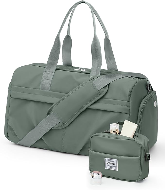 Gym Bag for Women Men, Sport Duffel Bag with Toiletry Bag & Shoe Compartment,Waterproof Travel Weekender Overnight Carry on Bag for Yoga with Trolley Sleeve, Green Set