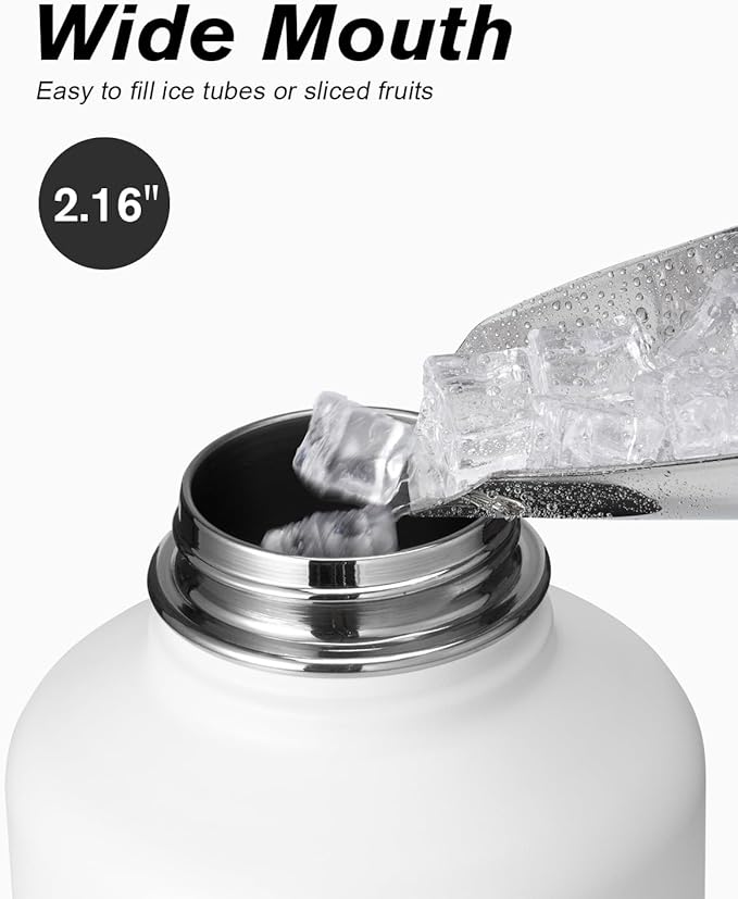 Coolflask Half Gallon Water Bottle Insulated with Straw & 3 Lids, 64 oz Water Jug Large Metal Stainless Steel Wide Mouth for Sports, Gym or Office, Non-BPA Keep Cold 48H Hot 24H, White