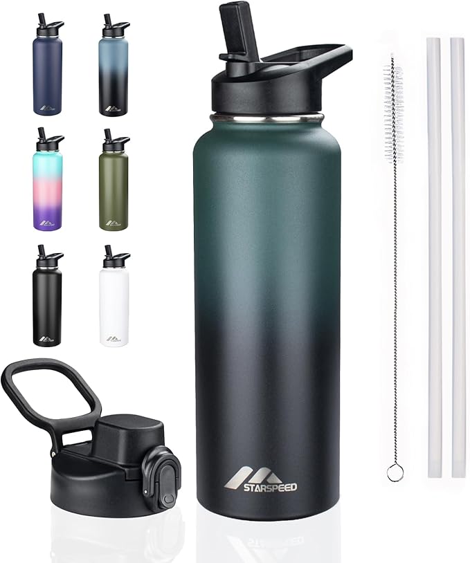 StarSpeed 40oz Insulated Water Bottle with Straws & 2 Lids, Stainless Steel Double Walled Vacuum Water Flask, Wide Mouth Sports Water Bottle for Gym Camping Hiking, Indigo Crush