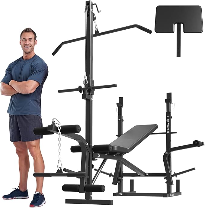 Mikolo 8 in 1 Olympic Weight Bench Set with Leg Extension and Leg Curl, Multi-Function Bench Press Set with Preacher Curl Pad and Chest Fly, Full-Body Strength Training Equipment