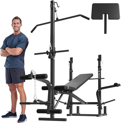 Mikolo 8 in 1 Olympic Weight Bench Set with Leg Extension and Leg Curl, Multi-Function Bench Press Set with Preacher Curl Pad and Chest Fly, Full-Body Strength Training Equipment