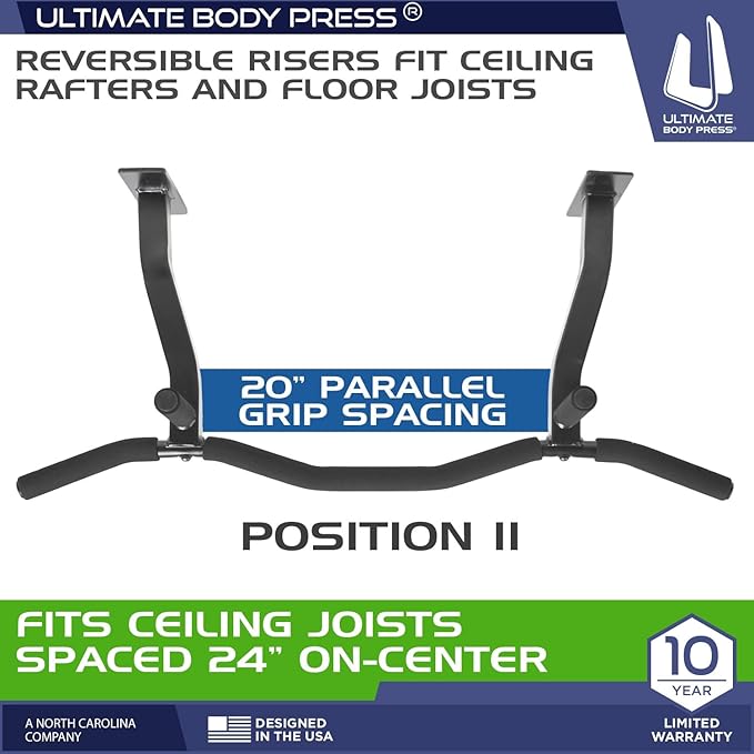 Ceiling Mount Pull Up Bar with Reversible Risers for 16 and 24 Inch Joists with Optimum Grip Spacing by Ultimate Body Press