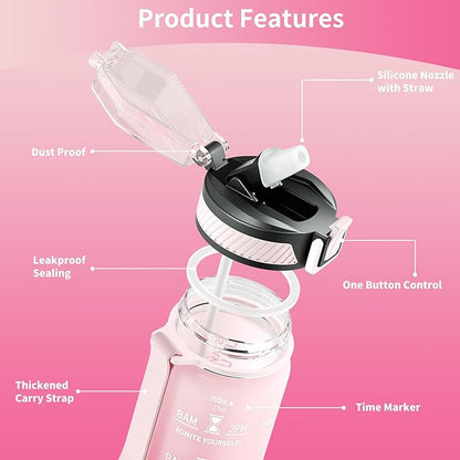 Water Bottle with Straw, 27oz Motivational Water Bottles with Time Marker to Drink, Tritan BPA Free, 750ml Sports Water Bottle with Carry Strap LeakProof for School Fitness Outdoor (1Pack)