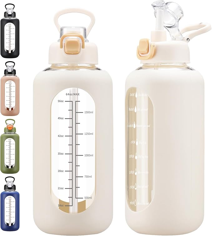 64 oz Glass Water Bolttles with Straw Half Gallon Large Motivational Water Bottle with Time Marker Sports Water Bottles with Silicone Sleeve and Handle Lid Water Jug for Gym Workout