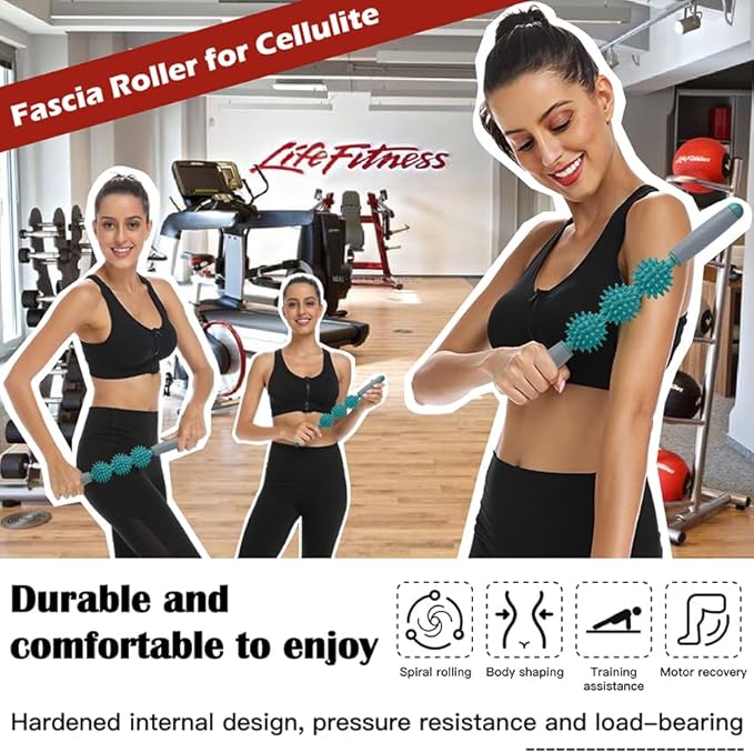 Fascia Muscle Roller, Cellulite Massager Fascia Roller for Cellulite and Sore Muscles, Leg, Back, Pressure Trigger Point Body Roller Deep Tissue Massage Stick Tools, 3 Massage Balls, Dark Green