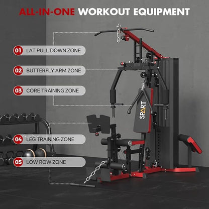 SPART Home Gym Station,Multifunctional Home Gym Workout Equipment,with 160LBS Weight Stack for Leg Press & Chest Fly, All in One Exercise Equipment Full Body Strength Training with Pulley System