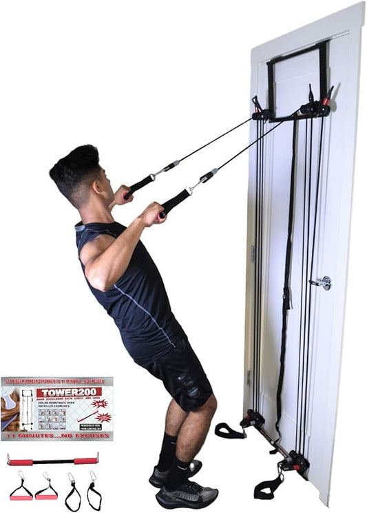 Tower 200, Complete Gym, Door, Gym, Body Building, Workout Equipment Doorway Fitness, Exercise Bands, Resistance Bands Set Men Weight Loss, Body Tower, x Factor, Anti Aging, Women, Free Straight bar