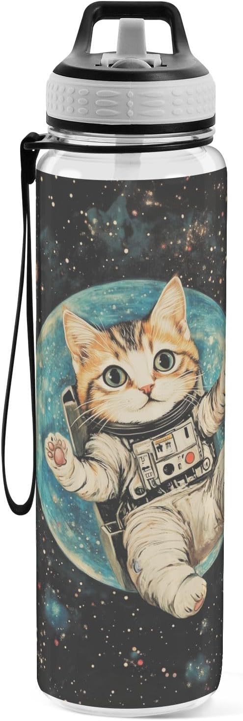 Fustylead Cute Cat Wearing Spacesuits in Space 32oz BPA Free Water Bottle, Leak-proof Bottle with Carrying Strap, Clear Sports Bottle for Running Cycling Camping