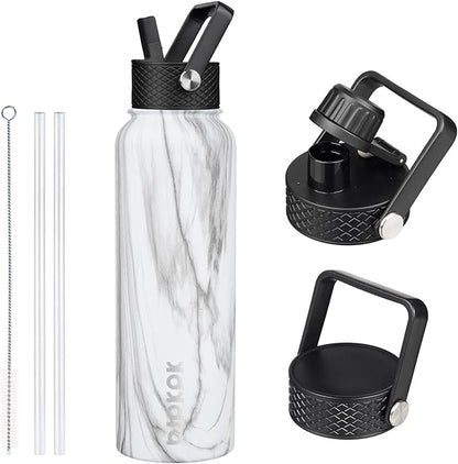 BJPKPK Insulated Water Bottles with Straw Lid, 40oz Stainless Steel Water Bottles with 3 Lids, BPA Free Leakproof Thermo, Tumblers, Cups for Sports, Gym- White Birch