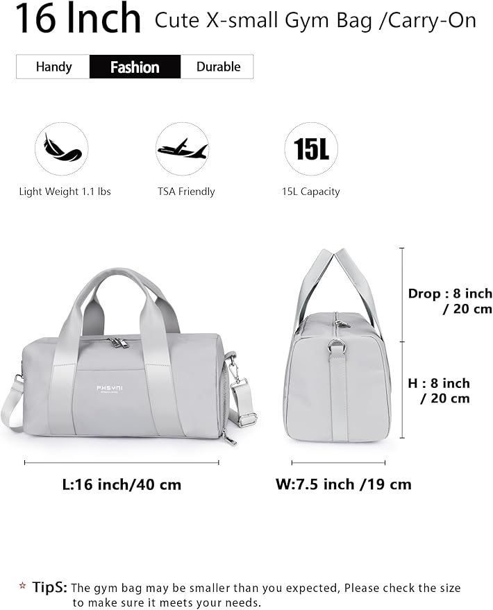 Sports Small Gym Bag for Women and Men, Cute Mini Duffle Bag with Wet Pocket & Shoes Compartment, Personal Item Travel Workout Bag, 16"-Small, Grey