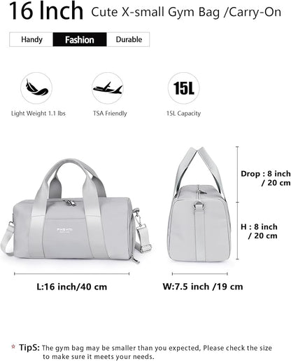Sports Small Gym Bag for Women and Men, Cute Mini Duffle Bag with Wet Pocket & Shoes Compartment, Personal Item Travel Workout Bag, 16"-Small, Grey