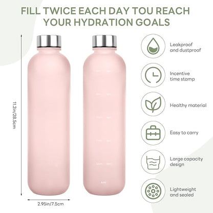 Water Bottle 32 oz, Frosted Style Sports Water Bottles BPA Free Water Bottle With Time Marker,Small mouth Leakproof Water Bottles with Strap for Gym Fitness Hiking Bike Camping (Pink-1)