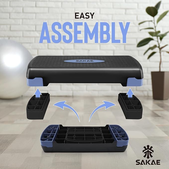 SAKAE Adjustable Aerobic Stepper Kit with Dumbbells & Kettlebell & Weightlifting Belt & Measuring Tape, 2 Level Risers Exercise Step Platform for Home Gym Exercise Fitness Workout, Multiple Colors