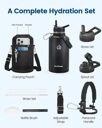 Insulated Water Bottle 64 oz, Vacuum Stainless Steel Water Bottle Keep Cold 48Hrs, Half Gallon Large Water Jug for Travel, Sport, Gym, Hiking with Carrier Bag, Black