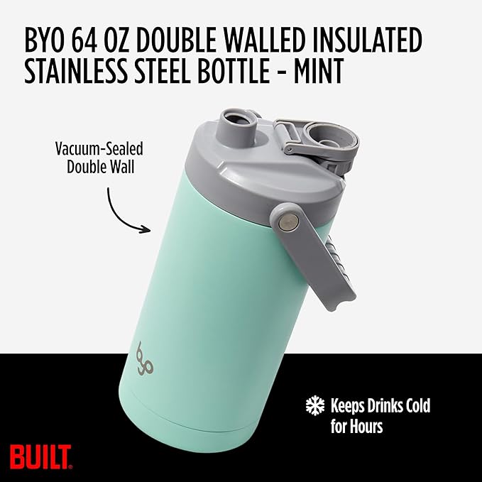 Built Byo 64 Oz Double Walled Insulated Stainless Steel Bottle (Mint) - BPA-Free Leakproof Chug Lid, Durable Sweat-Proof Silicone Grip Handle - Hydration Essential for Gym, Fitness, Healthy Lifestyle