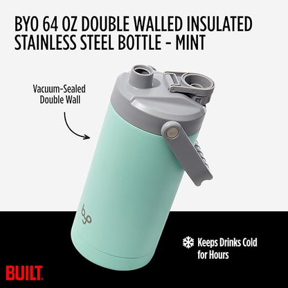 Built Byo 64 Oz Double Walled Insulated Stainless Steel Bottle (Mint) - BPA-Free Leakproof Chug Lid, Durable Sweat-Proof Silicone Grip Handle - Hydration Essential for Gym, Fitness, Healthy Lifestyle
