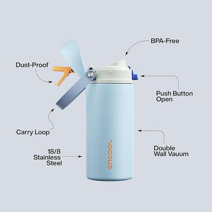 Insulated Water Bottle with Straw - Encool Stainless Steel Water Bottle with Push Button Lid, Leak-Proof & BPA-Free, Keeps Cold for 24 Hours for Sports, Travel, Gym (24 oz, Hazy Blue-Blue)
