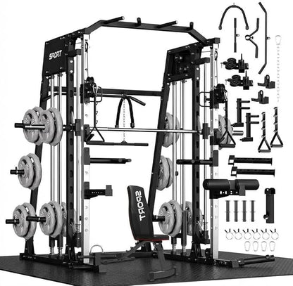 Smith Machine Home Gym All-in-1, 2200LBS Power Cage with Dual Cable Pulley Systems, LAT Pull-Down & Leg Hold-Down | Complete Strength Training Equipment for Full Body Workouts