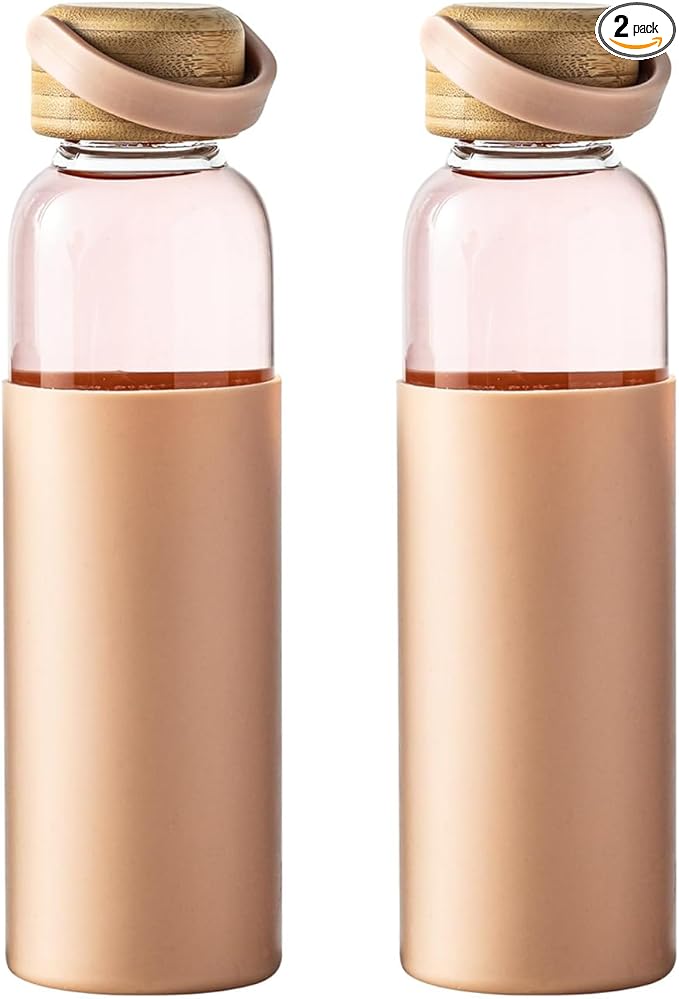 21oz Borosilicate Glass Water Bottle with Non-Slip Sleeve & Leak-Proof Lid-Reusable Drink Bottle for Office,Travel,Gym,Hiking-Ideal Gift for Home,Car & Fitness Enthusiasts (2pcs Pink)