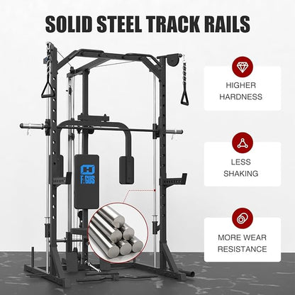 FAGUS Smith Machine Home Gym Power Cage with Pulley System, Space Saving Design Squat Rack with Full Body Strength Training Attachments, PEC Station & Fixed Cable Crossover Optional