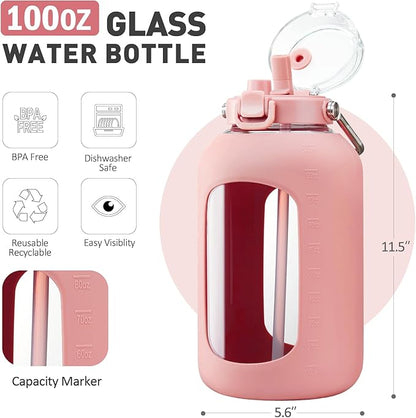BLUEGO 100 oz Glass Water Bottle with Straw, Huge 3 Liter Water Bottle with Sturdy Handle, Glass Water Jug with Sleeve, Wide Mouth Water Container with Time Marker, Pink