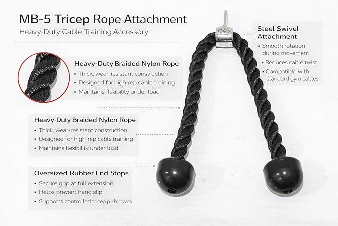 Valor Fitness Cable Machine Attachments - Tricep Rope, V-Bar, Single D-Handle, Rotating Straight Bar, Ankle Strap, Ab Crunch Harness, Triangle Chest Pull for Home Gym Equipment