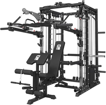 FAGUS Commercial Smithe Machine with Dual Weight Stacks, Power Cage Squat Rack with Lever Arm & Leg Press Attachment, Multi-Function Linear Bearing Cable Crossover Machine for Home Gym