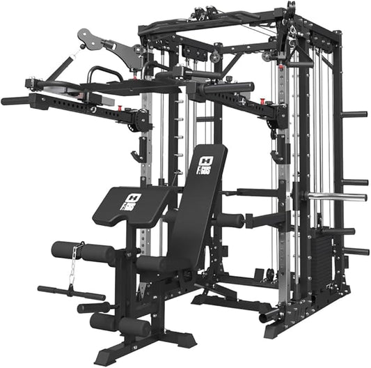 FAGUS Commercial Smithe Machine with Dual Weight Stacks, Power Cage Squat Rack with Lever Arm & Leg Press Attachment, Multi-Function Linear Bearing Cable Crossover Machine for Home Gym