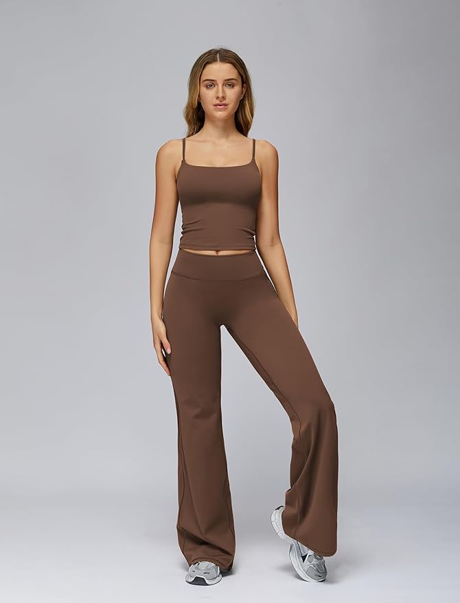 Womens Workout Sets Two Piece Spaghetti Straps Crop Top Matching Straight Leg Pants Gym Work Pilates Outfits