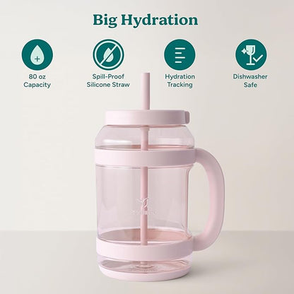 REDUCE WaterDay 80 oz Water Jug with Time/Ounce Markings - Spill-Proof Straw, Durable Tritan - Big Water Bottle for Daily Hydration - Dishwasher Safe, Clear & Easy to Clean, Pink Quartz
