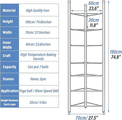 Exercise Half Balance Ball Trainer Holder Storage Rack - Home Fitness Gym Workout Equipment 3/5/6/7 Tier Floor Stand Corner Storage Organizer for Basketball Bowling Medicine Yoga Bosu Balls(Gold,7 lay