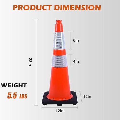 8 Pack 28 Inch Orange PVC Traffic Cones Black Base Stable Flexible, Road Safety Construction Zone Crowd Control Parking Safety Markers (8, Orange, 28 Inch)