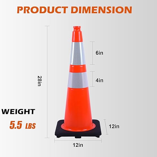 6 Pack 28 Inch Orange Traffic Cones with Reflective Bands, Heavy Duty Black Base Safety Cones for Road Work, Event Traffic and Outdoor Security (6, Orange, 28 Inch)