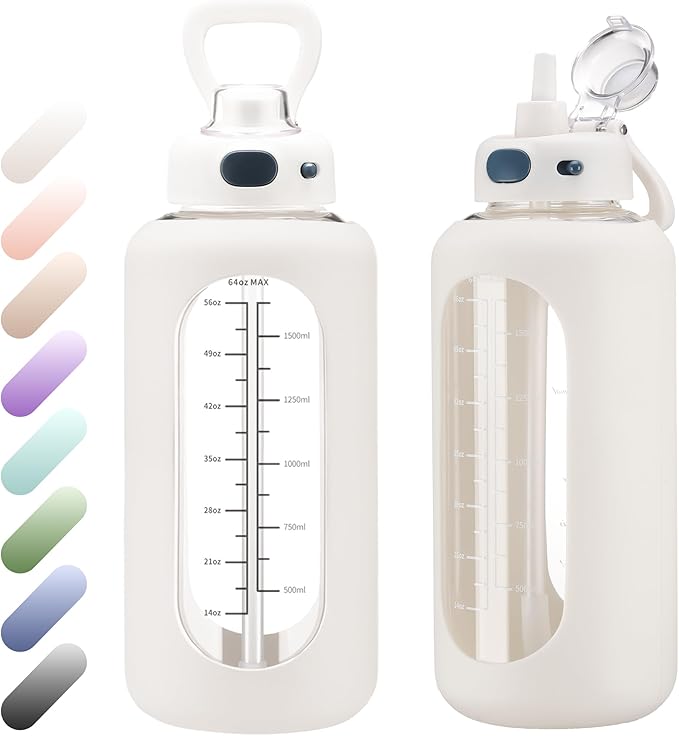 SIEROZUR 42 oz Glass Water Bottle with Straw and Handle Half Gallon Large Water Bottle with Silicone Sleeve and Time Marker Sports Water Jug Wide Mouth for Travel Gym