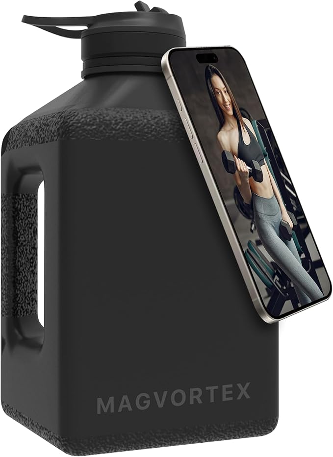 Magvortex Water Bottle 91oz, 2.7 liters, BPA-Free Plastic, Magnetic Phone Holder, Wide Mouth, Leakproof Flip-Top Lid, Large Daily Intake Chug Bottle for Hydration, Gym, Hiking & Daily Use