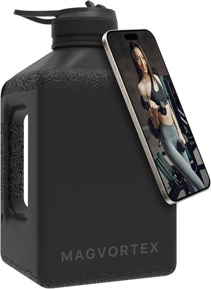 Magvortex Water Bottle 91oz, 2.7 liters, BPA-Free Plastic, Magnetic Phone Holder, Wide Mouth, Leakproof Flip-Top Lid, Large Daily Intake Chug Bottle for Hydration, Gym, Hiking & Daily Use