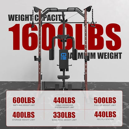 FAGUS Smith Machine Home Gym Power Cage with Pulley System, Space Saving Design Squat Rack with Full Body Strength Training Attachments, PEC Station & Fixed Cable Crossover Optional